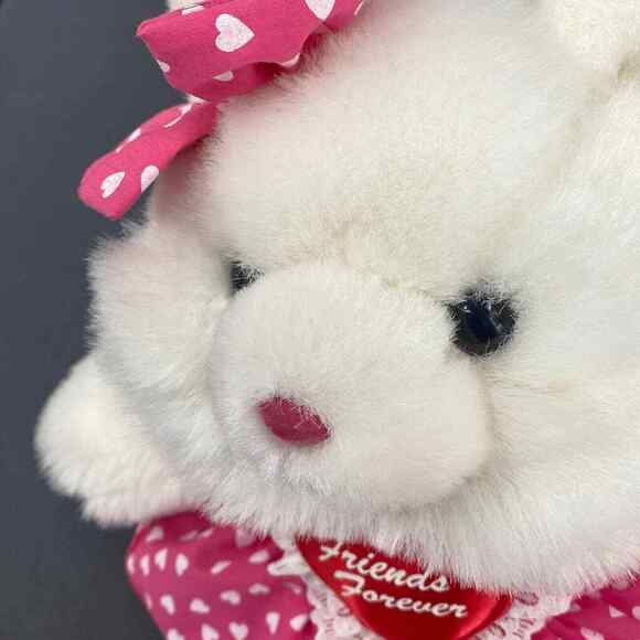 VTG Valentine Teddy Bear Plush Stuffed Animal White Pink Hearts Skirt 12" New - Picture 6 of 12